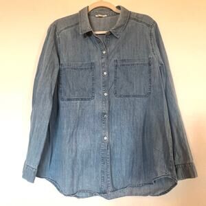 Eileen Fisher 100% Organic Cotton Long Sleeve Button Down Large Chambray Denim